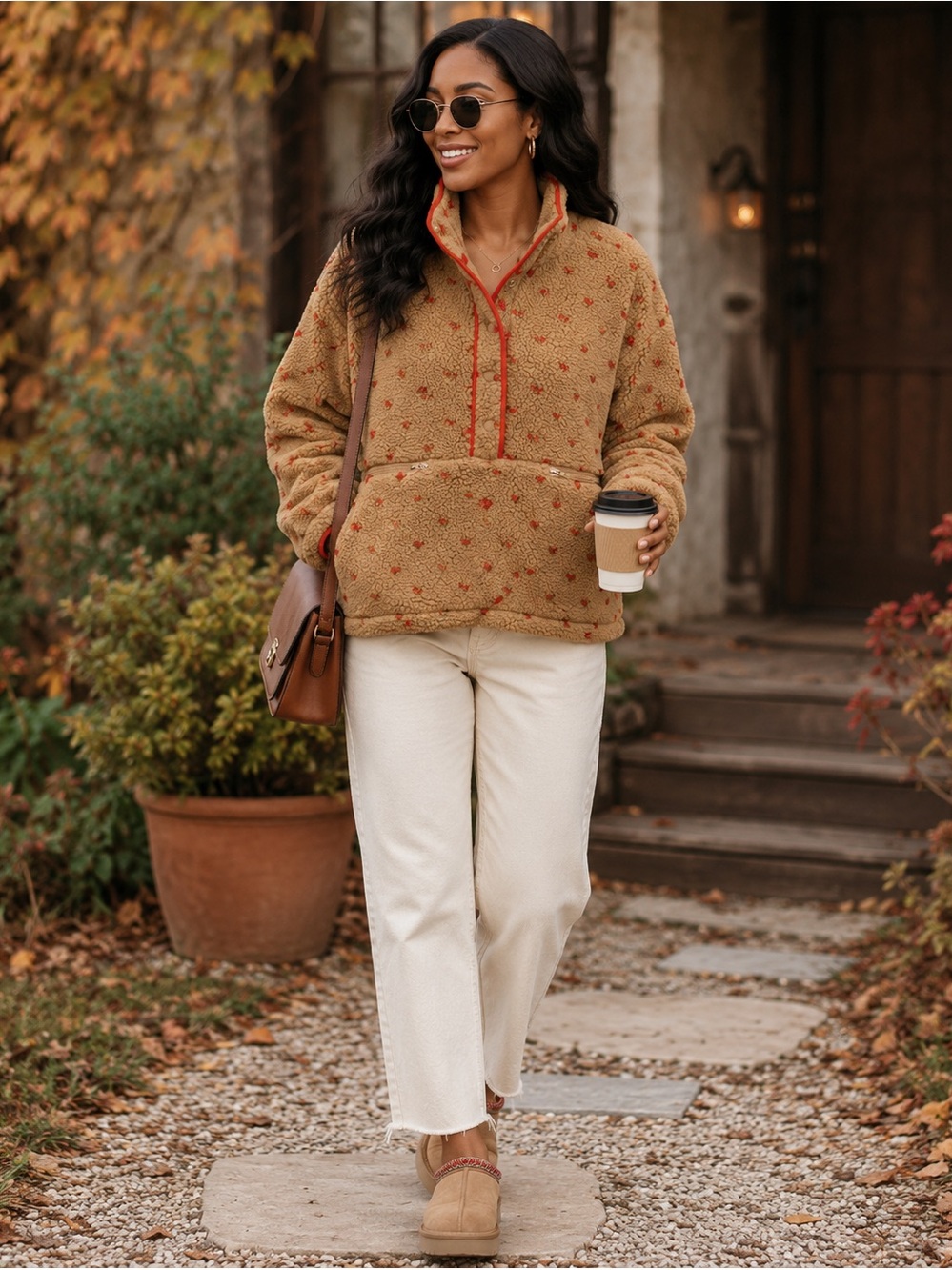 Saltwater Luxe Tan Teddy Fleece Pullover sweater in Red love Print Size S NWT